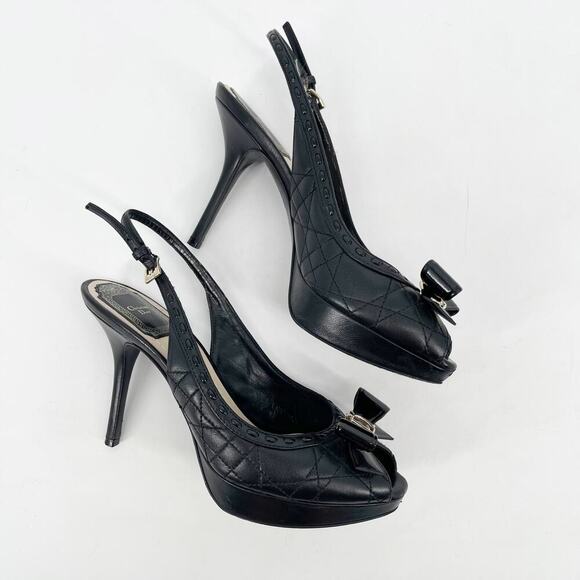 Dior Black Cannage Patent and Leather Bow CD Logo Slingback Pump size 36 - Picture 3 of 11